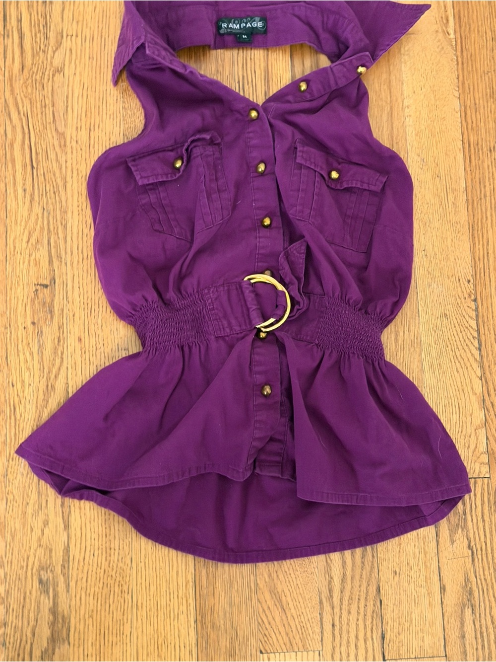 Rampage Purple Sleeveless Button-Front Belted top